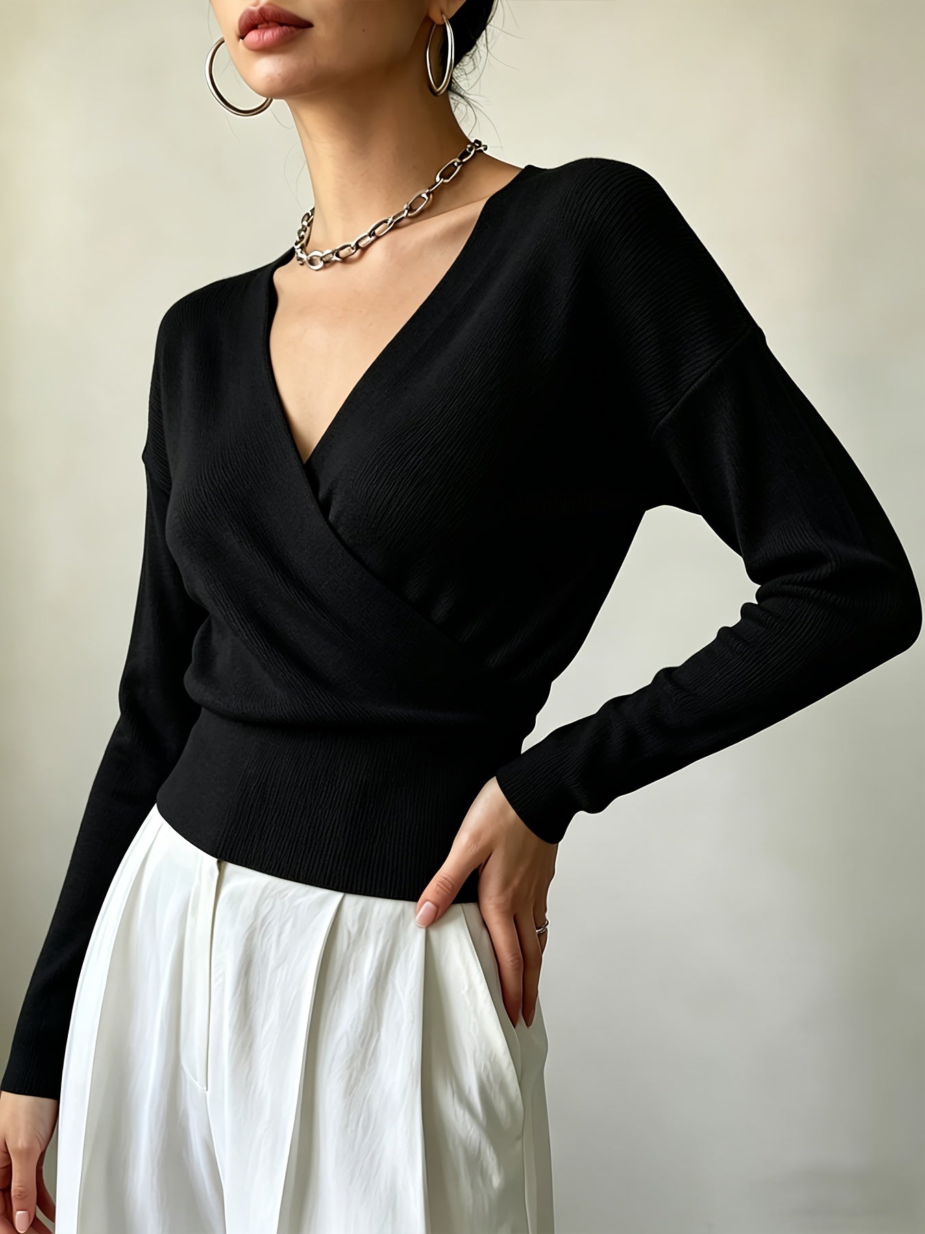 Women's Elegant Cross-Collar V-Neck Pullover Knitwear for Fall/Winter