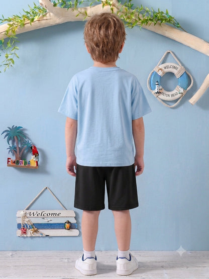 Boys' Casual Sports Set with Mountain Print, Polyester, Ages 7-12