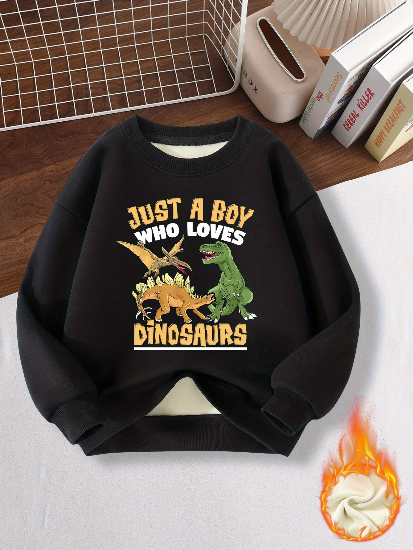 Boys' Warm Fleece Dinosaur Pullover Sweatshirt for Fall Winter
