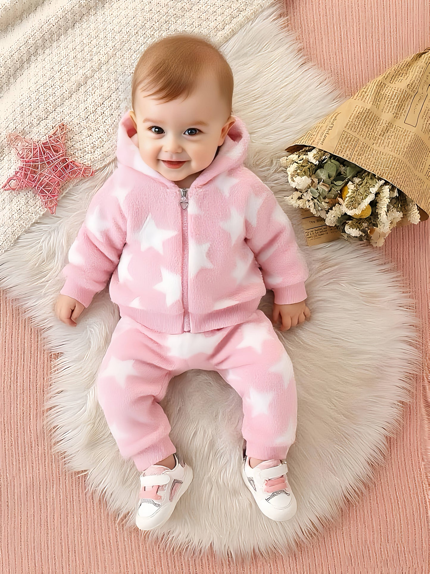 Newborn Cute Baby Girl Autumn and Winter Season, Thickened Plush Newborn Cartoon Star Pattern Hooded Zipper Long Sleeve Warm Top + Star Pattern Plush Warm Pants Set. Essential for Outdoor Travel and Home Use, Recommended Gift