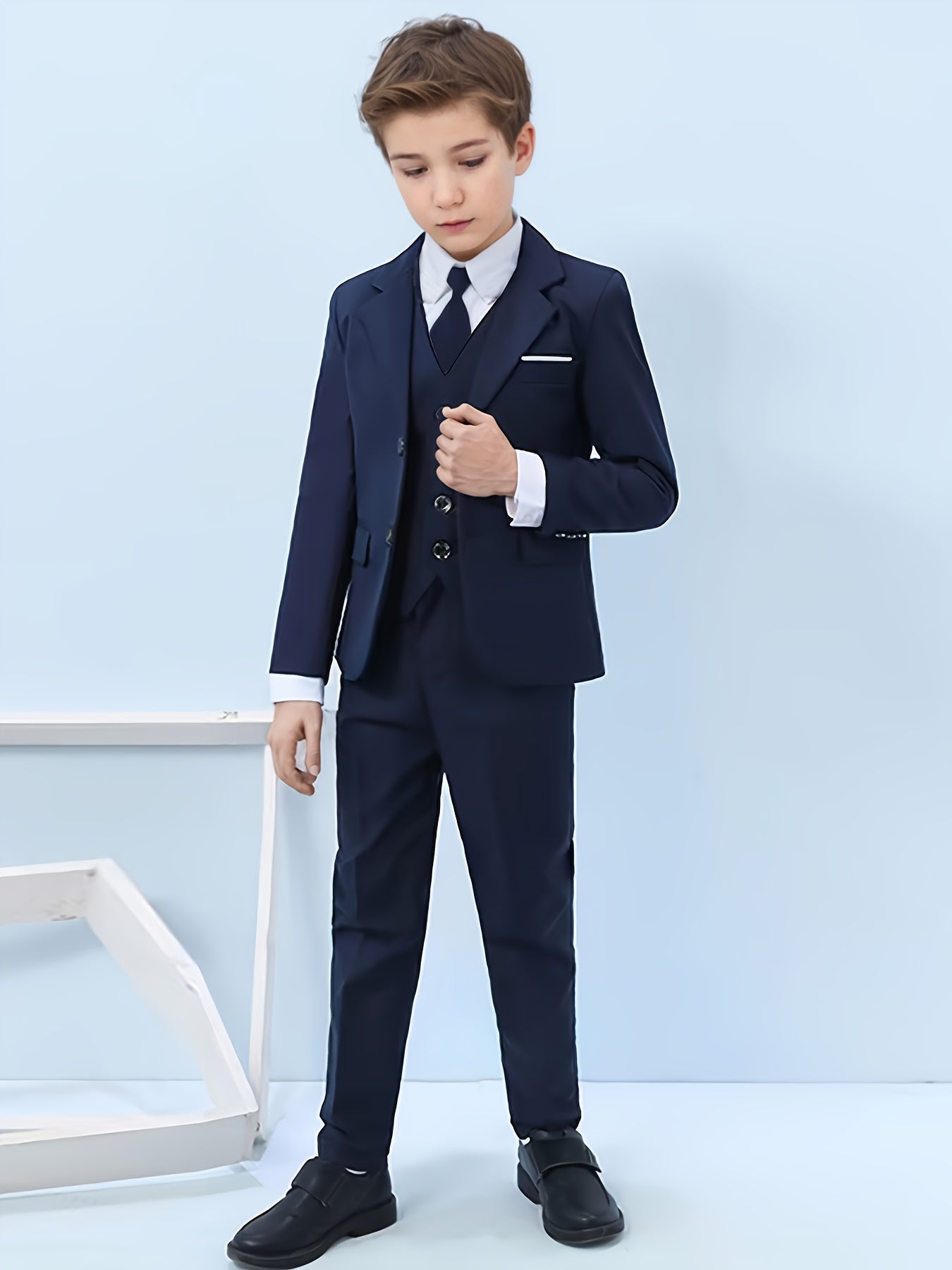 British Style Boys' 4-Piece Formal Suit Set - Jacket, Vest, Pants, Tie