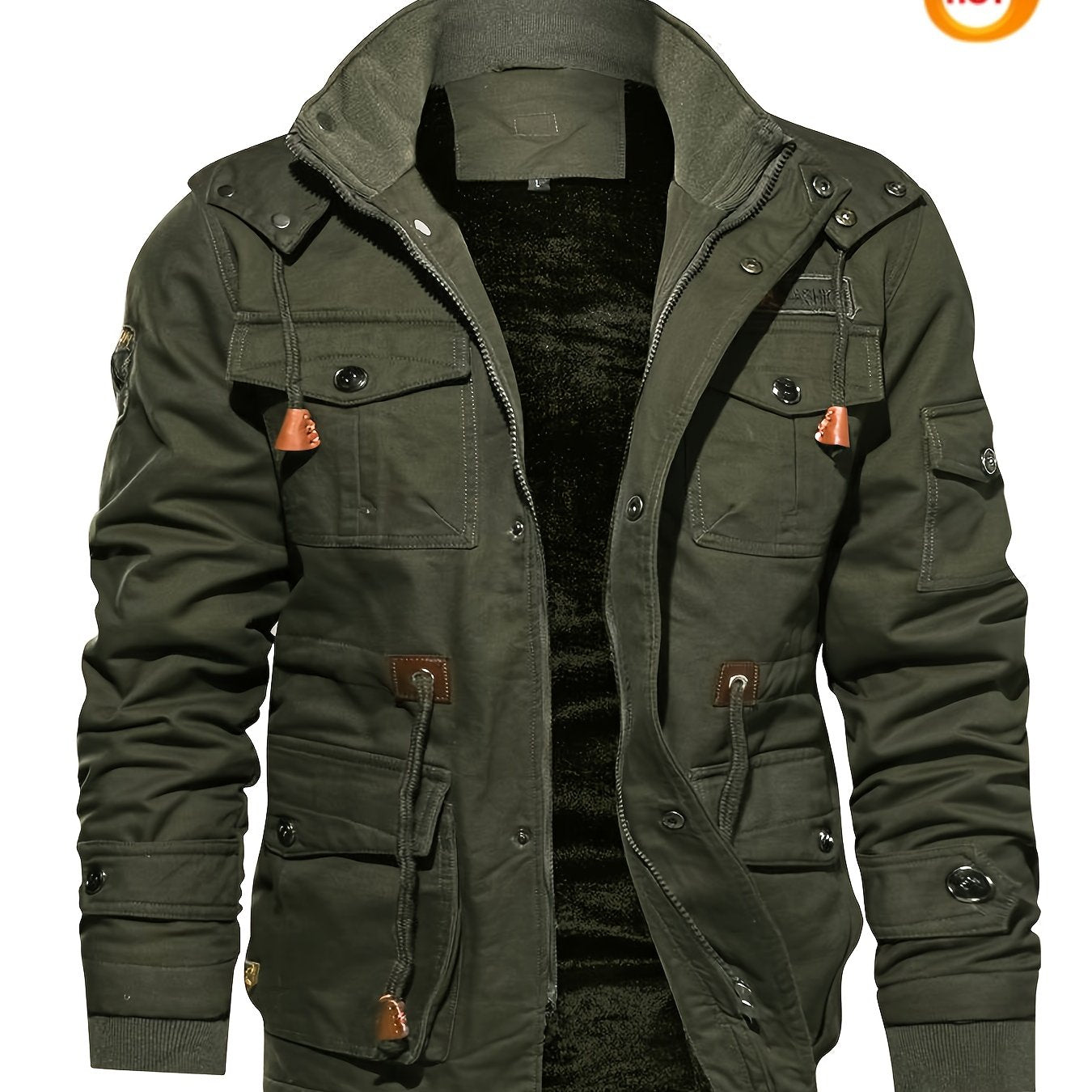 Men'S Winter Fleece-Lined Military-Style Jacket - Thickened Zip-Up Coat with Large Pockets, Olive Green Casual Winter Coat for Outdoor Activities, Winter Coats, Durable Fabric Coat