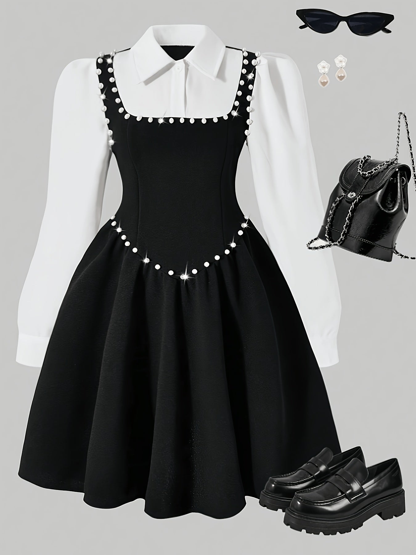 Girls' Elegant Black and White Pearl-Appliqué Dress for Spring/Fall