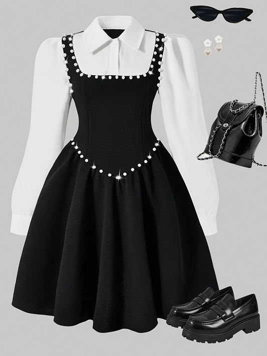 Girls' Elegant Black and White Pearl-Appliqué Dress for Spring/Fall