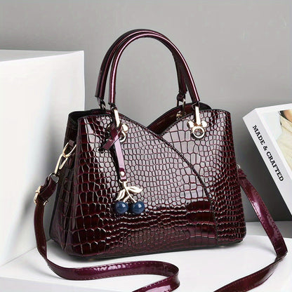 2022 Newest Trendy Women'S Faux Crocodile-Texture Handbag with Cherry Pendant - Stylish Black And Red Shoulder And Handbag, Zip Closure, Polyester Lining, Edge Paint Detail, Handbag|Chic Handbag|Zippered Bag