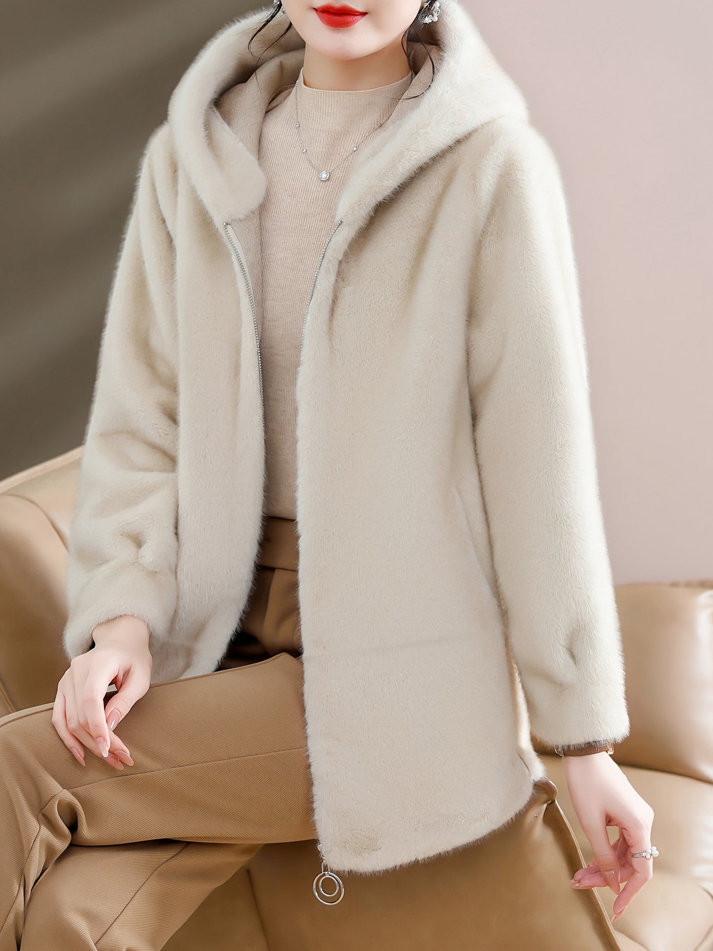 Women'S Winter Coat - Elegant Fur-like Exterior, Thick Insulated Cold Weather Jacket with Pockets, Sophisticated Outerwear for Everyday & Formal Events - Luxury Women'S Clothing (Non-Real Fur), Ladies Winter Coats, Seasonal F