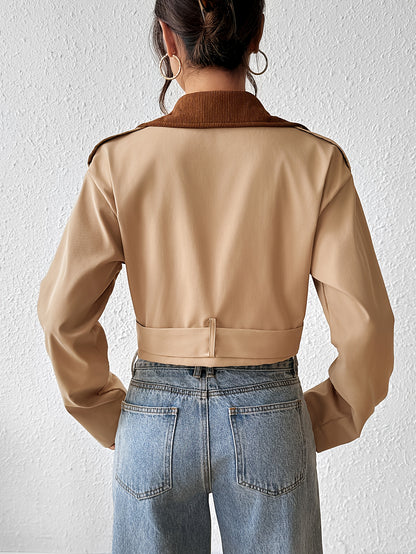 Women'S Casual Double-Breasted Trench Coat - Loose Fit, Long Sleeve, Beige & Brown Patchwork Design, Button-Up Front, Lightweight Fabric for Spring/Fall, Spring Outerwear | Relaxed Fit Coat | Structured Design