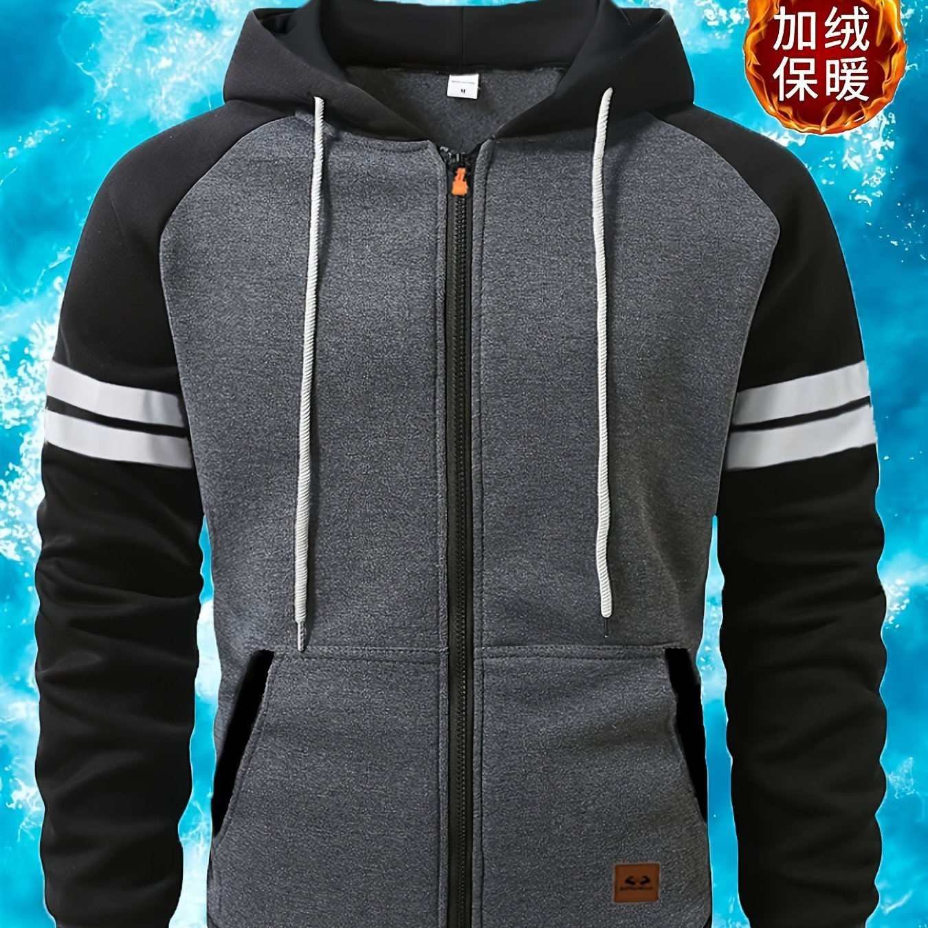 Men's 2025 Autumn East New Zipper Hoodie - Black & Grey Color-Block Contrast with White Piping, Full-Zip Closure, Chest Pocket & Adjustable Hood, Casual Streetwear for Teen Boys & Young Men, Durable Everyday Outerwear