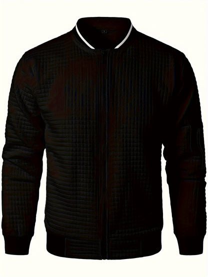 Men's Casual Bomber Jacket with Stand Collar - Polyester and Elastane Blend, Knit Fabric with Slight Stretch, Solid Color, Zipper Detail, Long Sleeve, Regular Fit