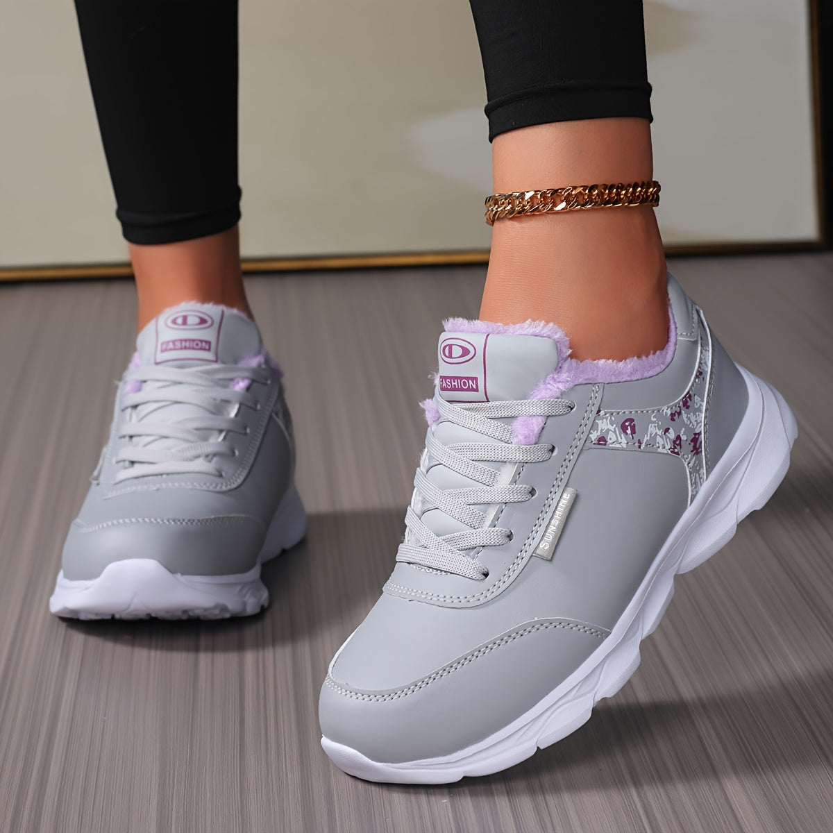 Women's Winter Thermal Fleece-Like Short Boots - Grey & Pink Faux Upper, Sole Traction, Lace-Up Low-Top Snow Shoes for Ice Walking, Casual & - Warm Cold Weather Outdoor Footwear