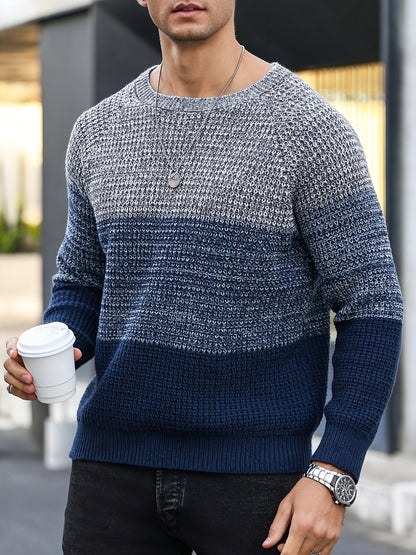Men's Autumn and Winter Color Block Knit Sweater, Crew Neck Pullover