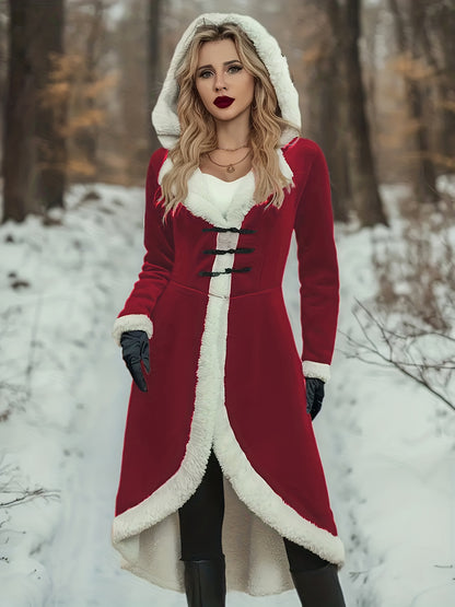 Korean Composite Thickened Winter Coat - Elegant Korean Jacket, Mid-Length Warm Outerwear with Hooded Long Sleeves, Solid Color Blazer for Fall & Winter, Machine Washable Cold Weather Clothing