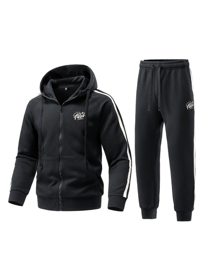 Men's Spring & Fall Jacquard Embroidered Striped Tracksuit Set - 2pcs Zip-Up Hoodie & Pants for Daily Wear, Sports & Outdoor Trips