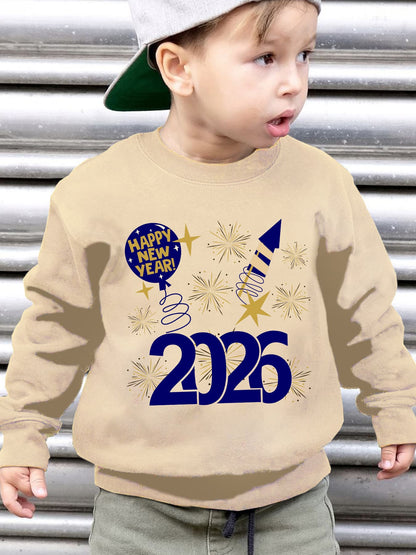 Boys' 2026 New Year Rocket & Fireworks Print Sweatshirt - Winter Warm Long Sleeve Sweater with 2026 Number Design, Casual Round Neck Pullover for Christmas & Parties ( to)