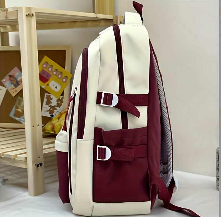 Stylish Unisex Nylon Backpack - Durable Casual Travel  School Bag with Adjustable Straps, White  Blue Design, Lightweight and Spacious for Everyday Use, School Backpack   Contrast Strap Design   Polyester Lined, Travel Back