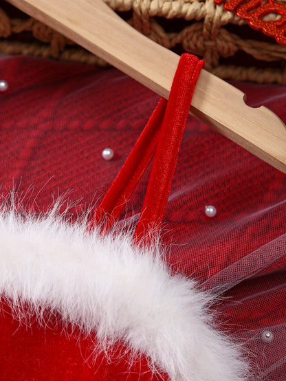 Girls' Christmas Red & White Tulle Dress with Spaghetti Strap Off-Shoulder Neckline, Long Sleeves, Fluffy Trim Hem & Golden Belt - Elegant Party Dress for Holiday Celebrations, Christmas Pageant, New Year's Eve - Machine Wash