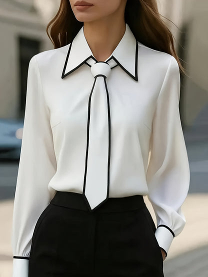 Women's Black & White Color-Block Knotted Long Sleeve Shirt - ayq