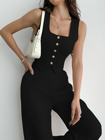 Two-Piece Women's Square Neck Sleeveless Button-Up Blouse and Loose Wide-Leg Pants Set