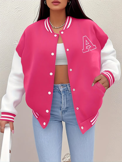 Women'S Casual Long Sleeve Baseball Jacket with "A" Letter Detail - Black & Beige Two-Tone Design, Button-Up Front, Flap Pockets, Fall/Winter Fashion Outerwear, Autumn Winter Apparel | Buttonup Jacket | Functional Pockets