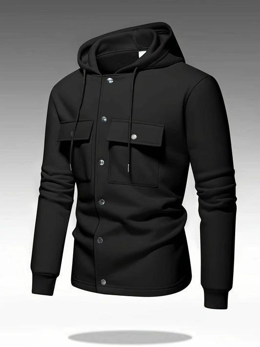 Men's Heavy-Duty Hooded Sweatshirt with Full-Zip Front & Utility Pockets - Olive Green Tactical-Style Outdoor Jacket, Long Sleeve Casual Pullover for Hiking, Camping, Casual Attire - Spring/Fall Layering Essential (Regular Fi