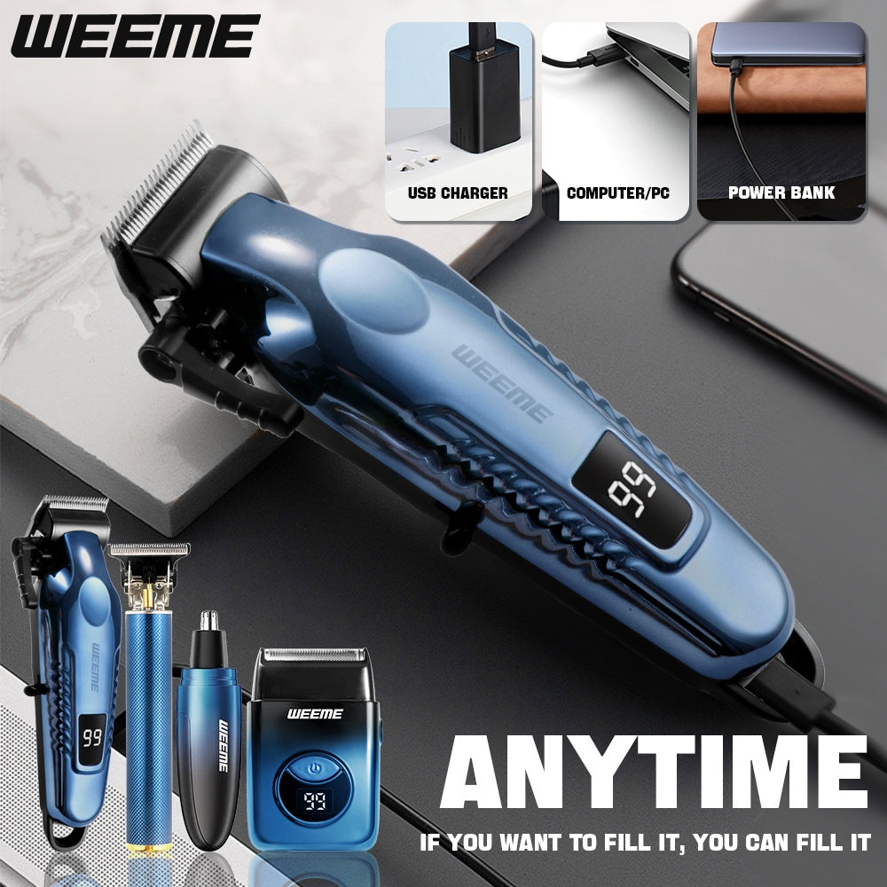 WEEME 4pcs Men's Electric Hair Clipper Set, Beard Trimmer Set, Household Facial Cleansing Set. Hair Cutting, Shaving, Trimming of Nasal Hair, Trimming of Sideburns, Facial Hair Cleaning. USB Charging. for Household Use, Vehic - ayq