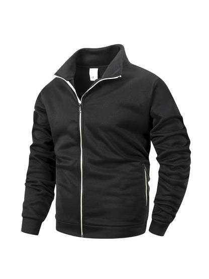 Men'S Stand Collar Zipper Jacket, Fashion Solid Color, Long Sleeve, Fleece, Soft, Casual, Polyester, with Zipper Pocket, for Daily, Sports, Fitness
