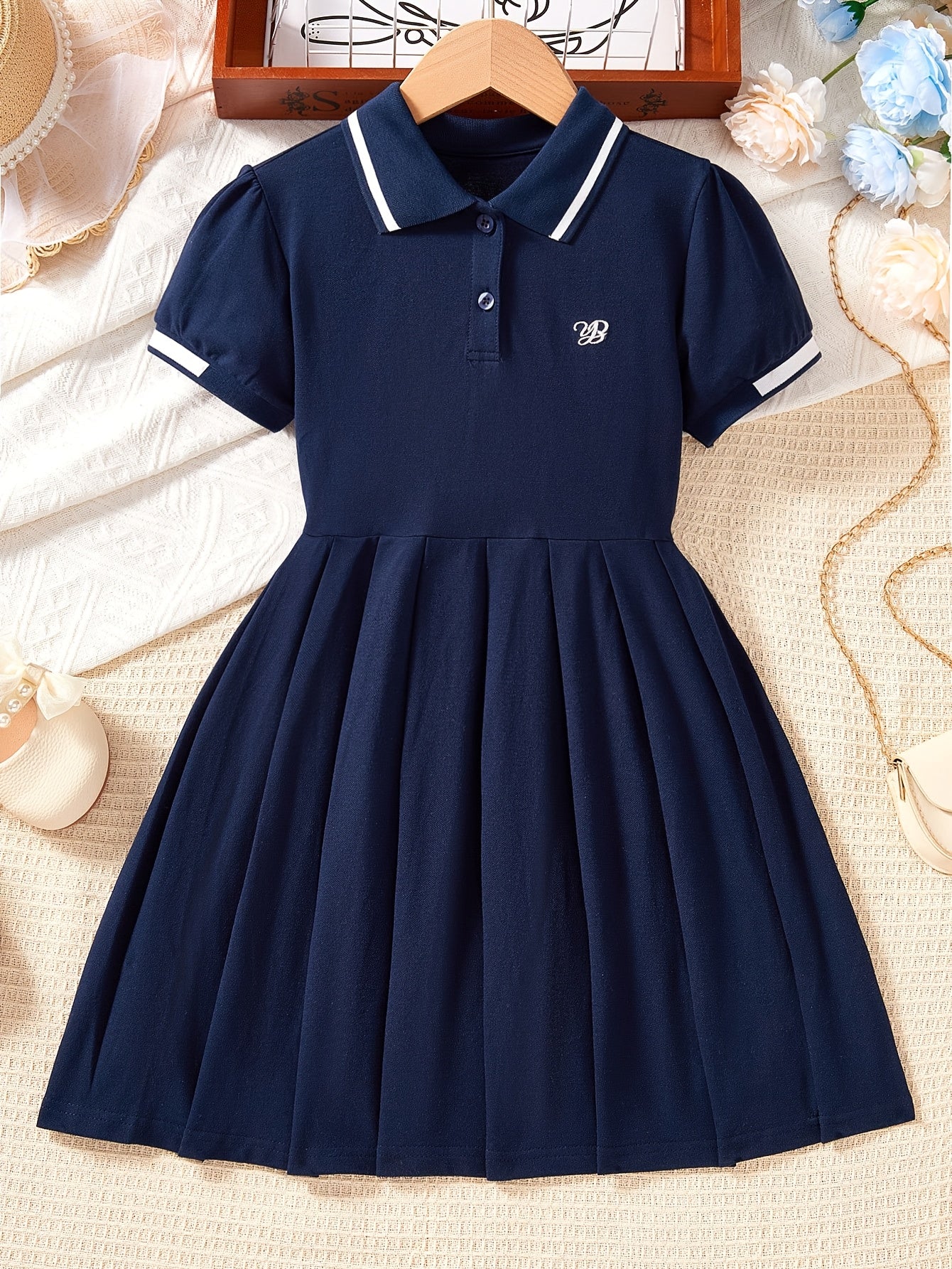 Girls' Summer Preppy Cotton Blend Pleated A-Line Dress