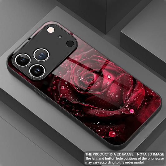 Tempered Glass Phone Case with Crimson Water Droplet Rose Design for i - ayq