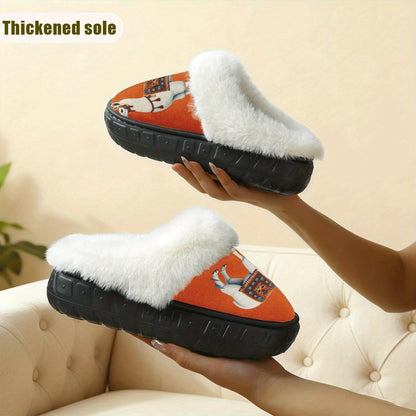 Unisex Winter Print Snow Slippers - Round Toe Warm /Outdoor House with Alp for men & Women, Cozy Sole & Soft Fabric Upper, Ideal Christmas/New Year Gift (Orange Animal Design)