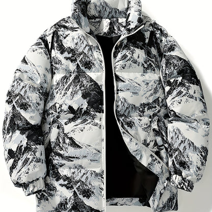 Men's Winter Mountain Camo Hooded Jacket with Insulating Polyester Fill - Stand Collar & Zippered Pockets, Machine Washable Outdoor Coat for Hiking, Camping, Casual Wear - White/Black/Gray (Regular Fit) by Ocean Muai Xing