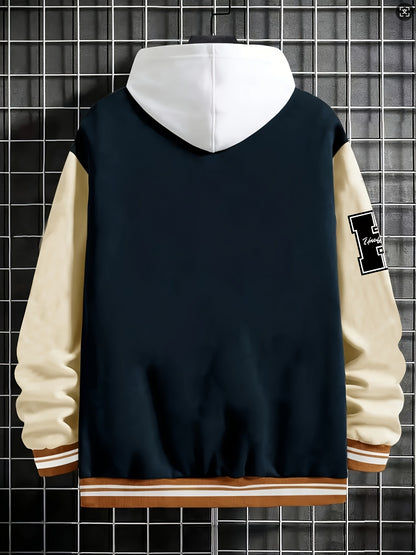 Men's Fashionable R-Letter Patchwork Casual Street Style Baseball Jacket - Polyester, Maroon & Black with White Stripes, Button Closure, with Pockets