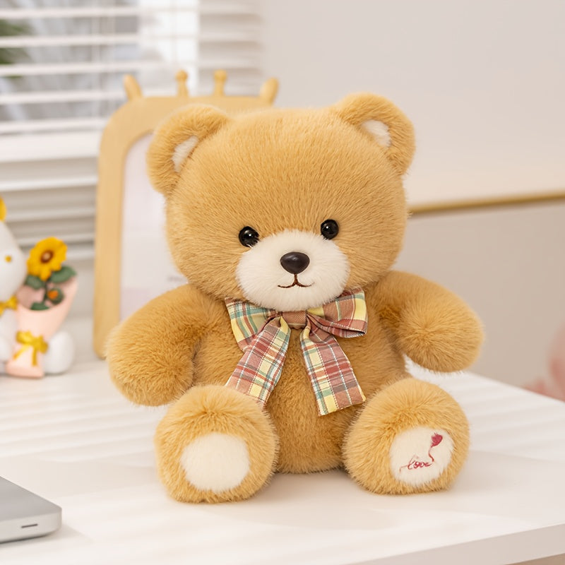 25cm/9.84in Tie Teddy Bear Plush Toy - Soft Stuffed Animal with Red Bow Tie, Light Brown & Yellow, Perfect for Halloween, Easter, Christmas & Birthday Gifts, Cute Stuffed Animal, Holiday Gift Item, Playful Design, Quality Cra