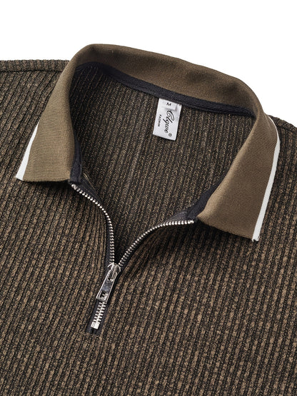 Men's Fashion Shirt, Spring/Summer Outdoor Casual Textured Ribbed Fabric, Contrast Color Ribbed Patchwork Zipper Design Collar Short Sleeve Men's Shirt - ayq