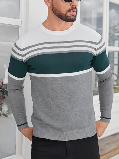 Men's Casual Comfort Knit Sweater, New Spring/Autumn Round Neck Base Layer Three-Stripe Contrast Color Pullover