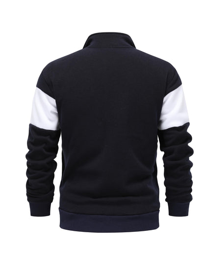 Men's Casual Stand Collar Zip-Up Fleece Jacket with Color Block