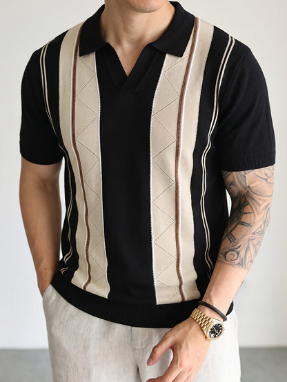 Men's Breathable Knit Short Sleeve Shirt with Stripe Color Block