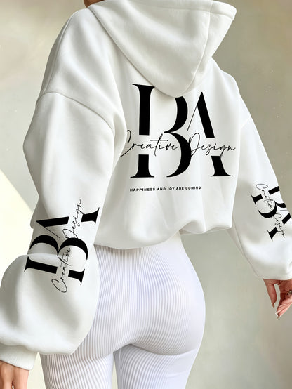 Women's Casual Short Hoodie Jacket with Zipper and Geometric Print