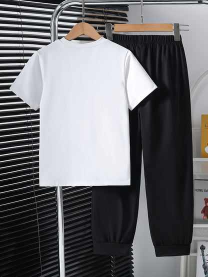 Boys' Summer Windbreaker Set - Casual White Print Top & Black Pants
