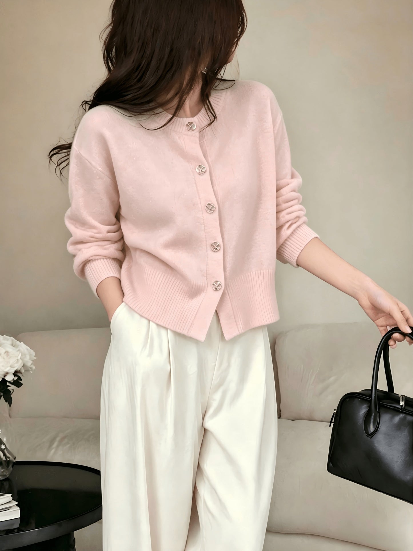 Women's Cozy Viscose Cardigan with Floral Button Detail