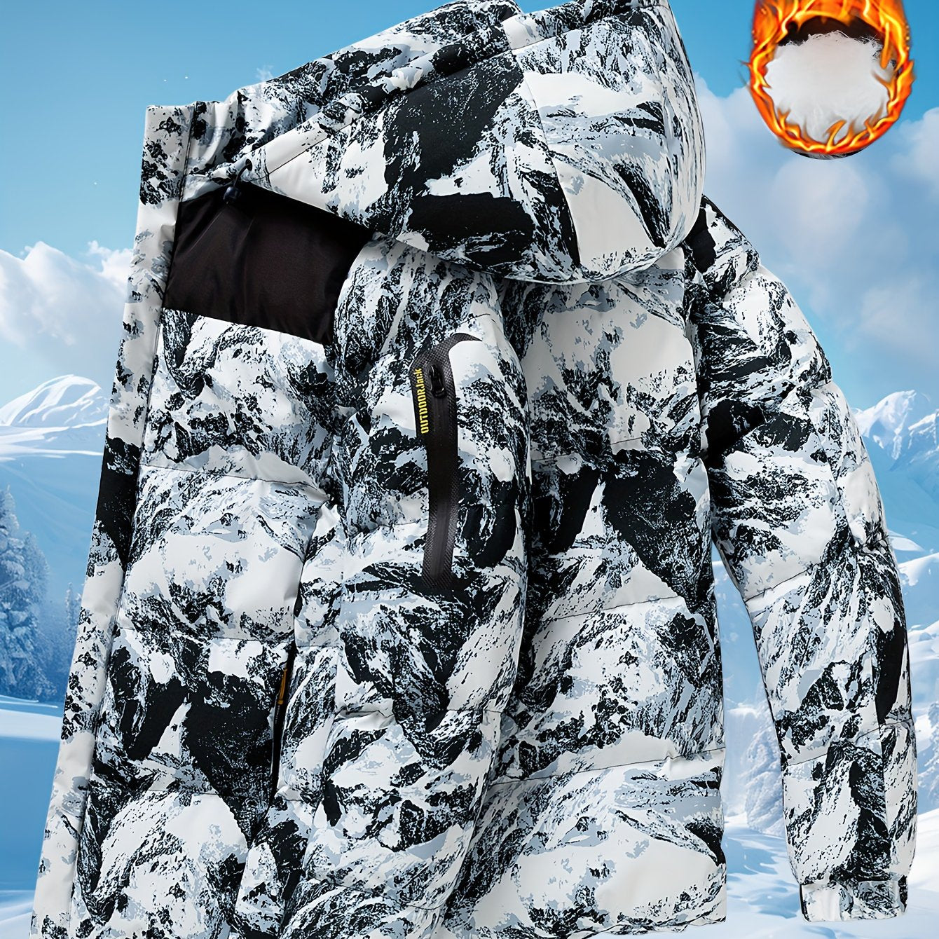 Men's Heavy-Duty Winter Thermal Hooded Jacket - Full-Zip Windproof Coat with Detachable Hood, Full-Zip Front Closure, Zipper Pockets - Machine Washable Cold Weather Jacket for Skiing, Snowboarding, Outdoor Activities - Camouf