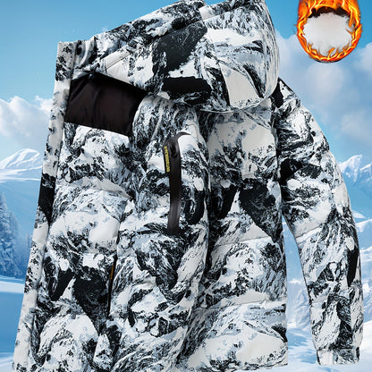 Men's Heavy-Duty Winter Thermal Hooded Jacket - Full-Zip Windproof Coat with Detachable Hood, Full-Zip Front Closure, Zipper Pockets - Machine Washable Cold Weather Jacket for Skiing, Snowboarding, Outdoor Activities - Camouf