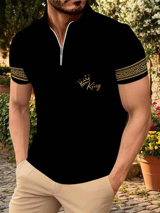 Men's Fashion Stand Collar Zip Short Sleeve Shirt Trendy Geometric Pattern Crown Letter Print Casual T-Shirt||,