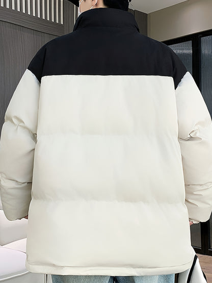 Men's Winter Color-Block Jacket with Stand Collar - Black & Casual Outdoor Warm Coat, Polyester-Filled Zipper Front, Regular Fit for Cold Weather, No Stretch Fabric