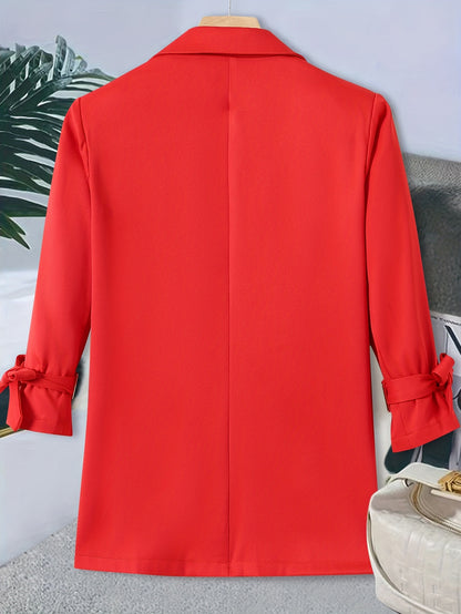Women's Elegant Red Blazer Jacket - No-Buckle Open Front Long Sleeve Coat, Machine Washable H-Silhouette Solid Color for All-Season Office & Casual Wear