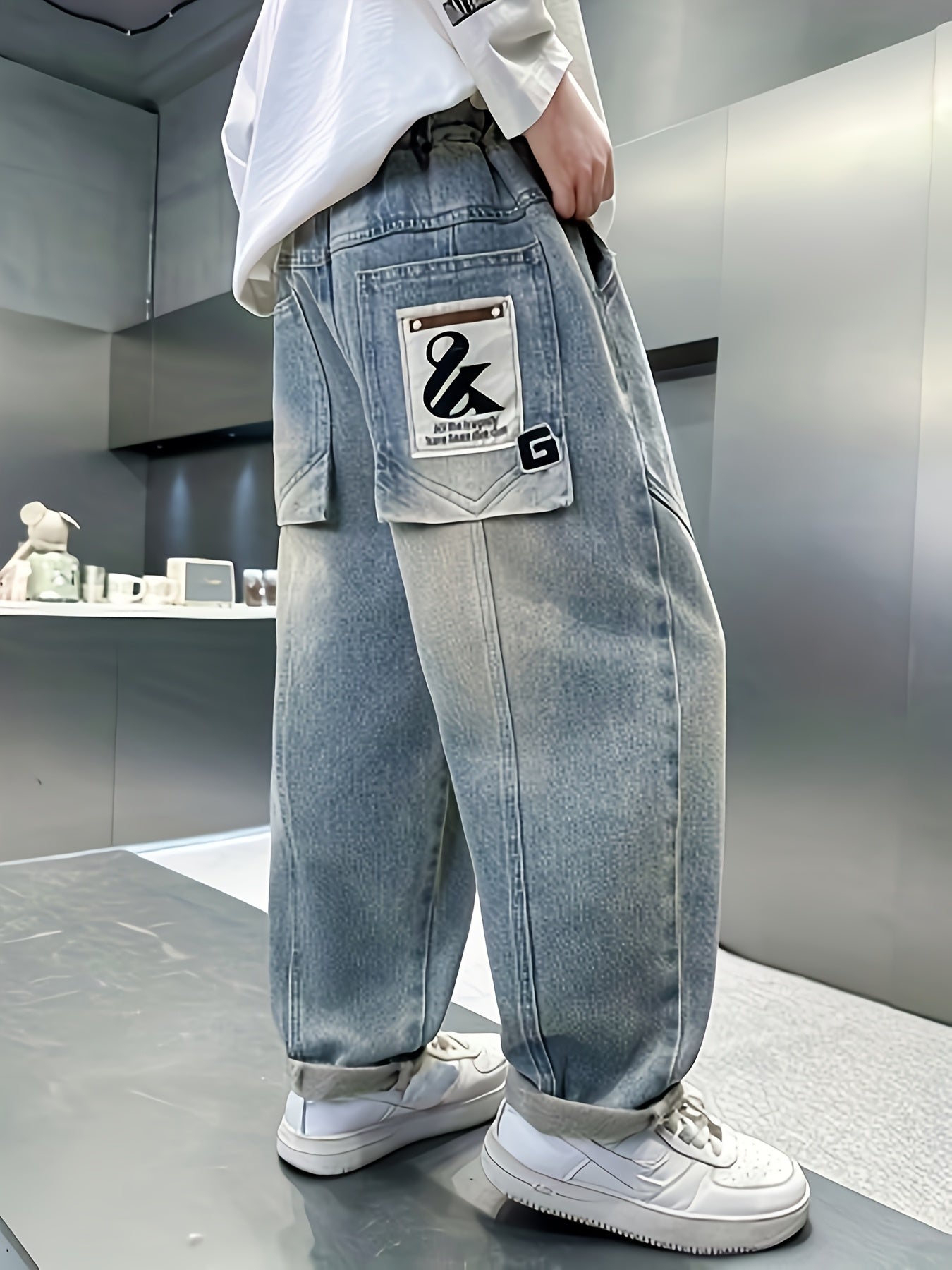Casual Loose Straight Denim Pants for Boys with Large Pockets