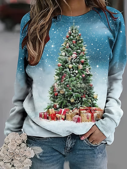 Christmas Tree Print Sweatshirt, Casual Long Sleeve Crew Neck Sweatshirt, Women's Clothing