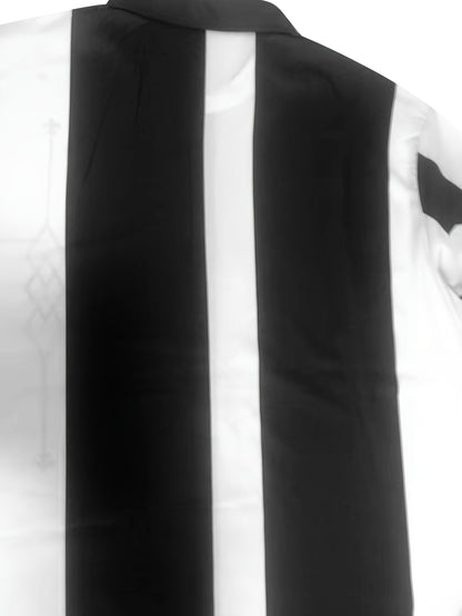 Men'S Casual Fashion Short Sleeve Shirt & Pants Set - Black & White Geometric Pattern, Polyester, Non-Stretch, Summer Sportswear, Regular Fit, Casual Attire|Geometric Pattern Shirt|Polyester Fabric