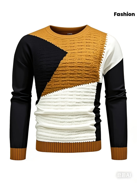 Temujin OBM Men's Fashion Trendy New Color Block Geometric Jacquard Round Neck Knit Long Sleeve Pullover Sweater