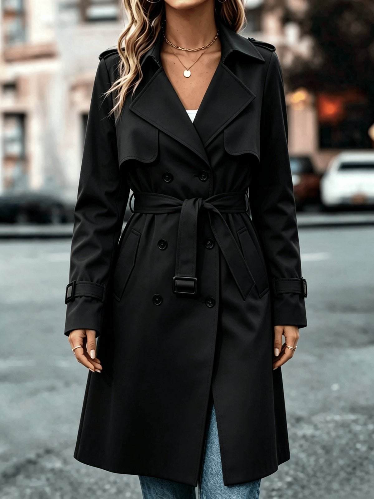 Elegant Solid-Color Double-Breasted Trench Coat with Belt