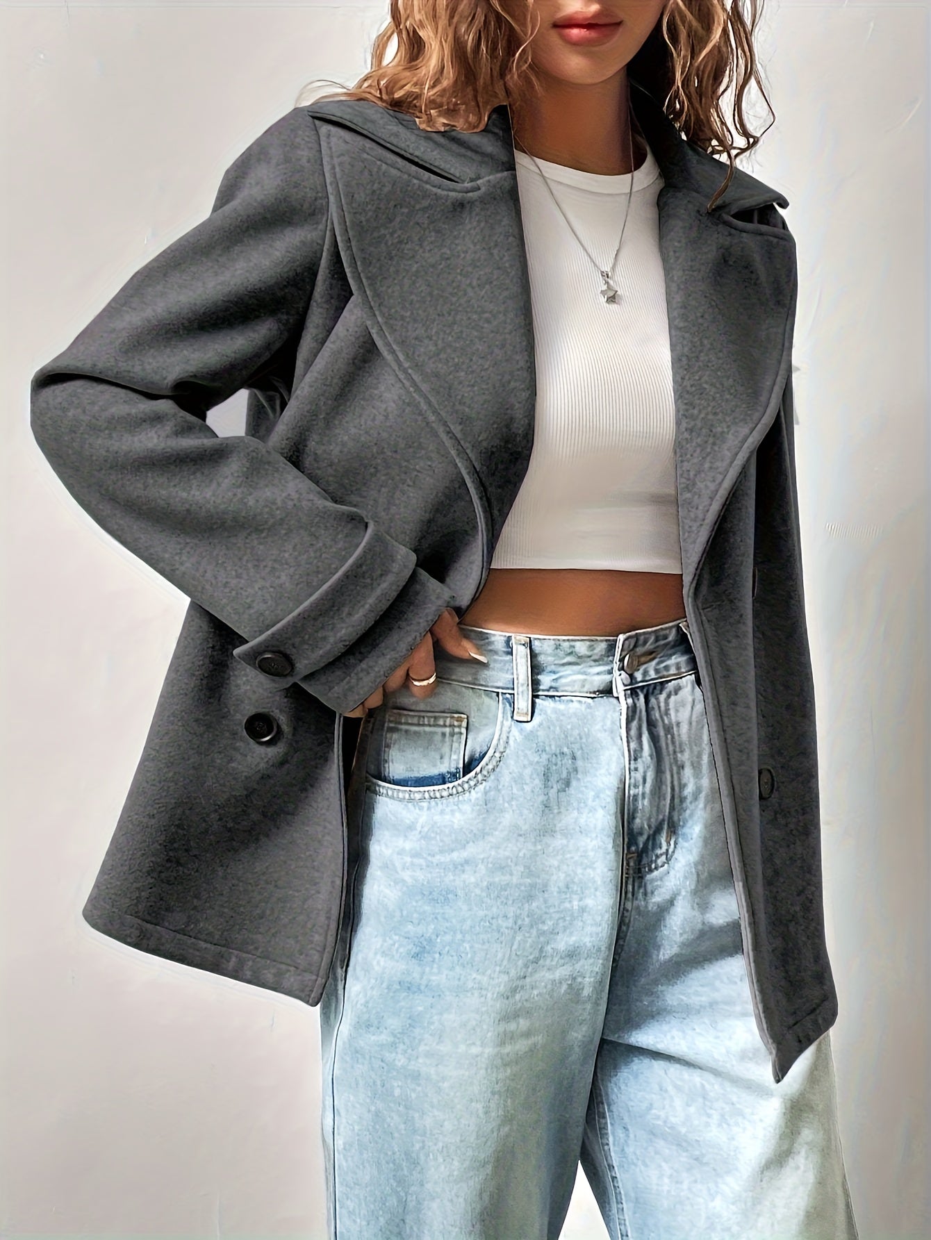 Women's Casual Solid Color Double-Breasted Coat, Autumn/ Winter